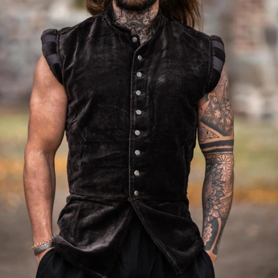 Brown Sleeveless Viking Vest | Velvet with Button Closure