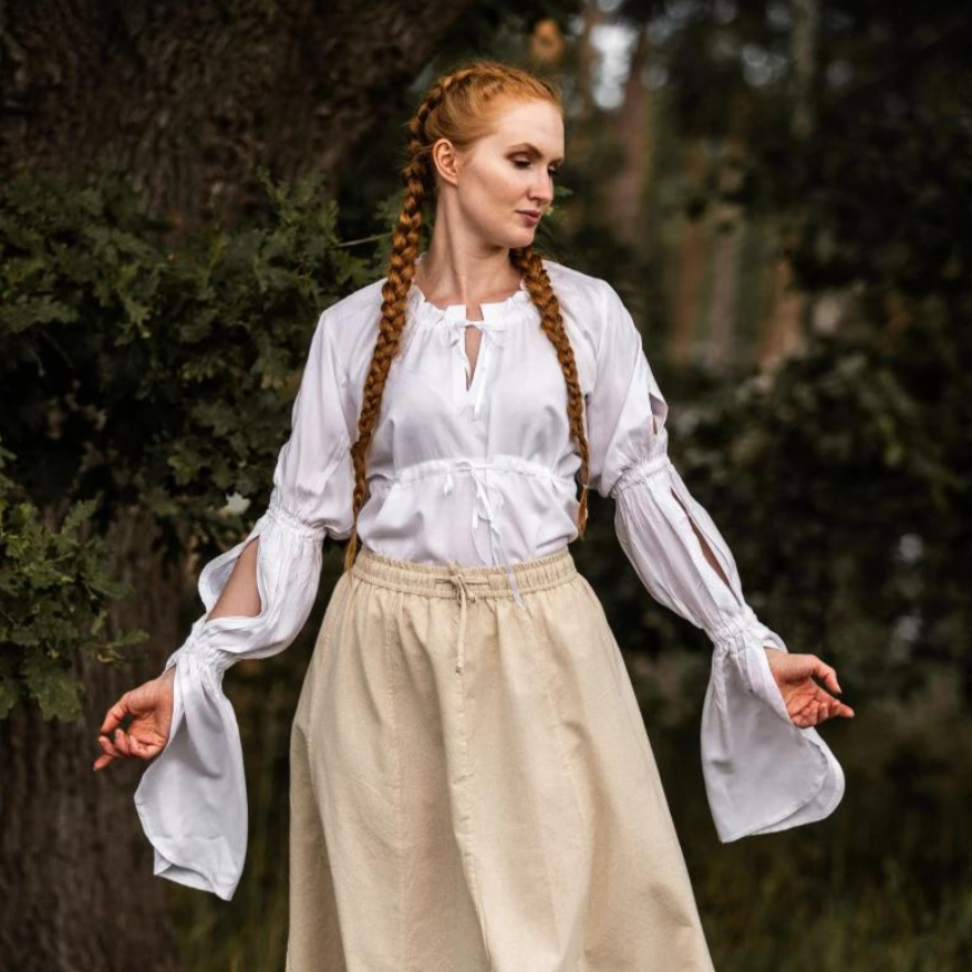 White Long Sleeve Lace-Up Viking Blouse | Adjustable Waist Lacing