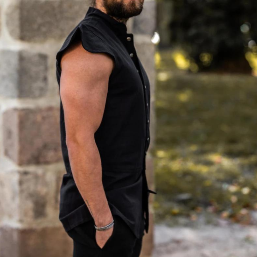 Black Sleeveless Viking Vest | Button-Up Front