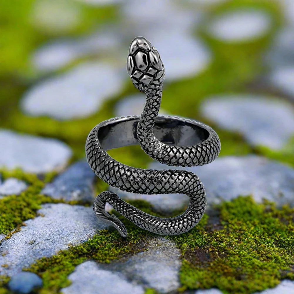 Viking Snake Ring with Serpent Scales in Darkened and Rugged Steel