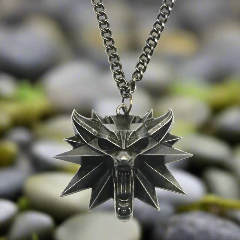 Viking Wolf Necklace | Darkened Steel with Colored Stone Eyes | Witcher Inspired