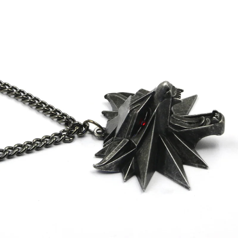 Viking Wolf Necklace | Darkened Steel with Colored Stone Eyes | Witcher Inspired