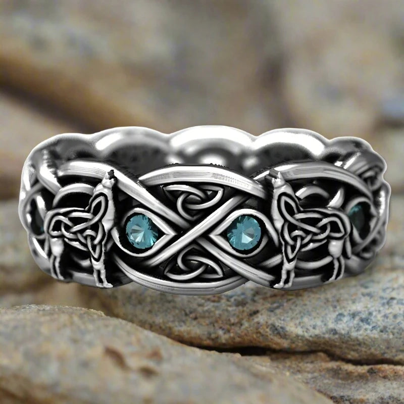 Viking Wolf Ring with Blue Cubic Zirconia | Sterling Silver | Celtic Style