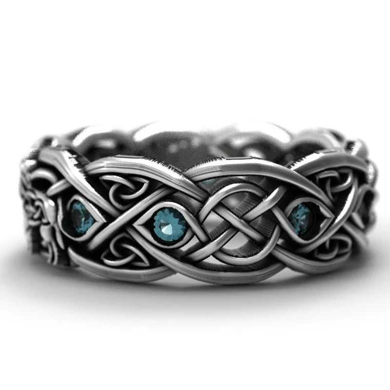 Viking Wolf Ring with Blue Cubic Zirconia | Sterling Silver | Celtic Style