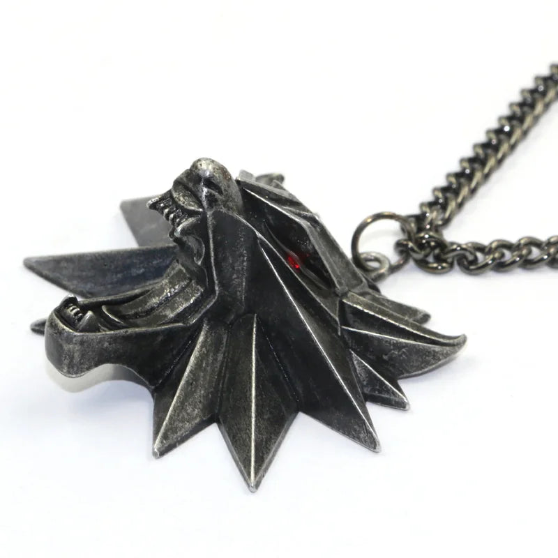 Viking Wolf Necklace | Darkened Steel with Colored Stone Eyes | Witcher Inspired