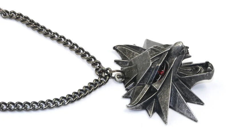 Viking Wolf Necklace | Darkened Steel with Colored Stone Eyes | Witcher Inspired