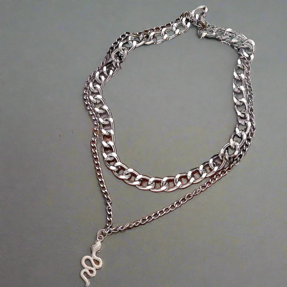 Viking Snake Necklace with Double Chain and Serpent Pendant