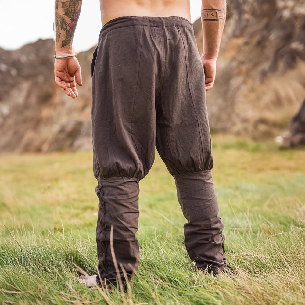 Viking Pants - Premium Brown Viking Trousers - Authentic Loose Cut with Leg Lacing