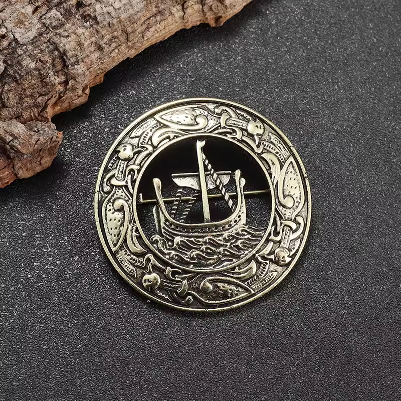 Viking Sailing Ship Brooch with Nordic Wave Motif Design