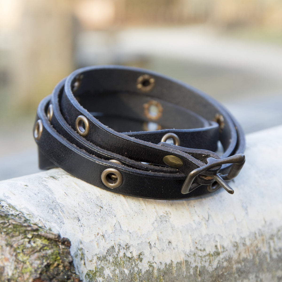 Leather Multi-Wrap Viking Bracelet | Buckle Closure | Brass Rivets