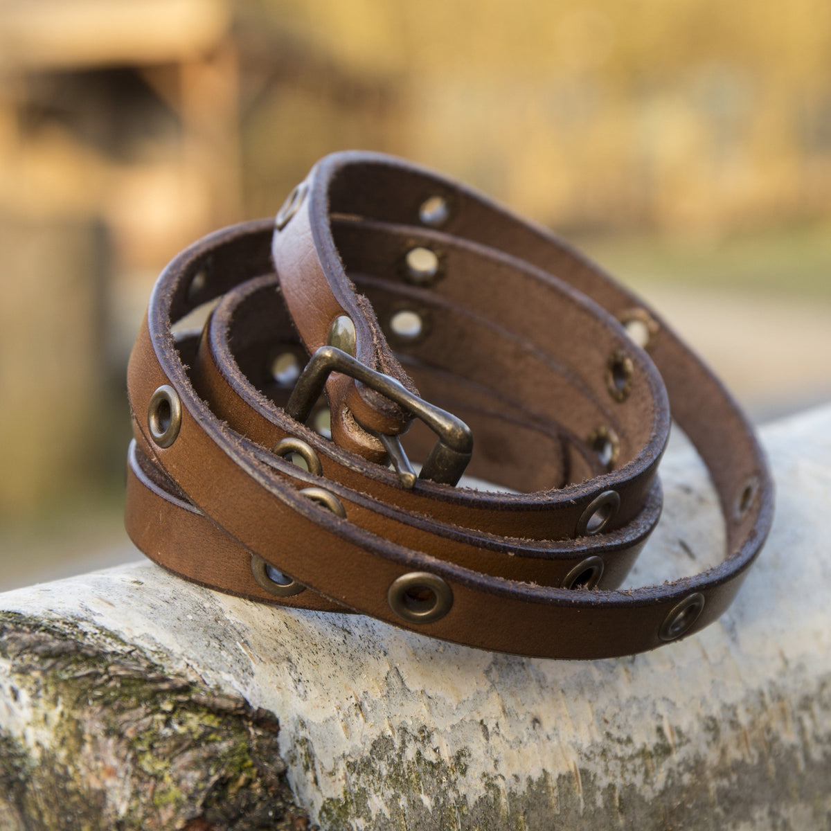 Leather Multi-Wrap Viking Bracelet | Buckle Closure | Brass Rivets