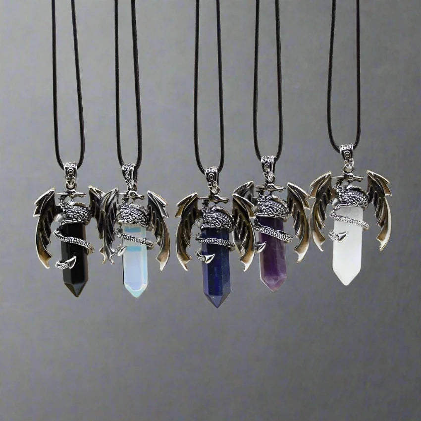 Viking Dragon Necklace with Quartz Crystal