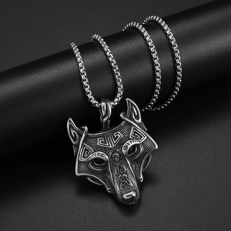 Stainless Steel Viking Wolf Necklace Fenrir | Colorful Rhinestone Eyes