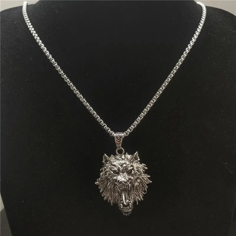 Viking Fenrir Wolf Necklace | Howling Wolf Pendant in Stainless Steel