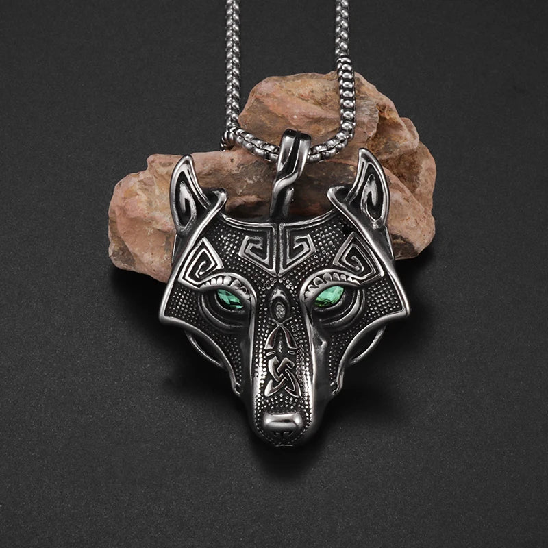 Stainless Steel Viking Wolf Necklace Fenrir | Colorful Rhinestone Eyes