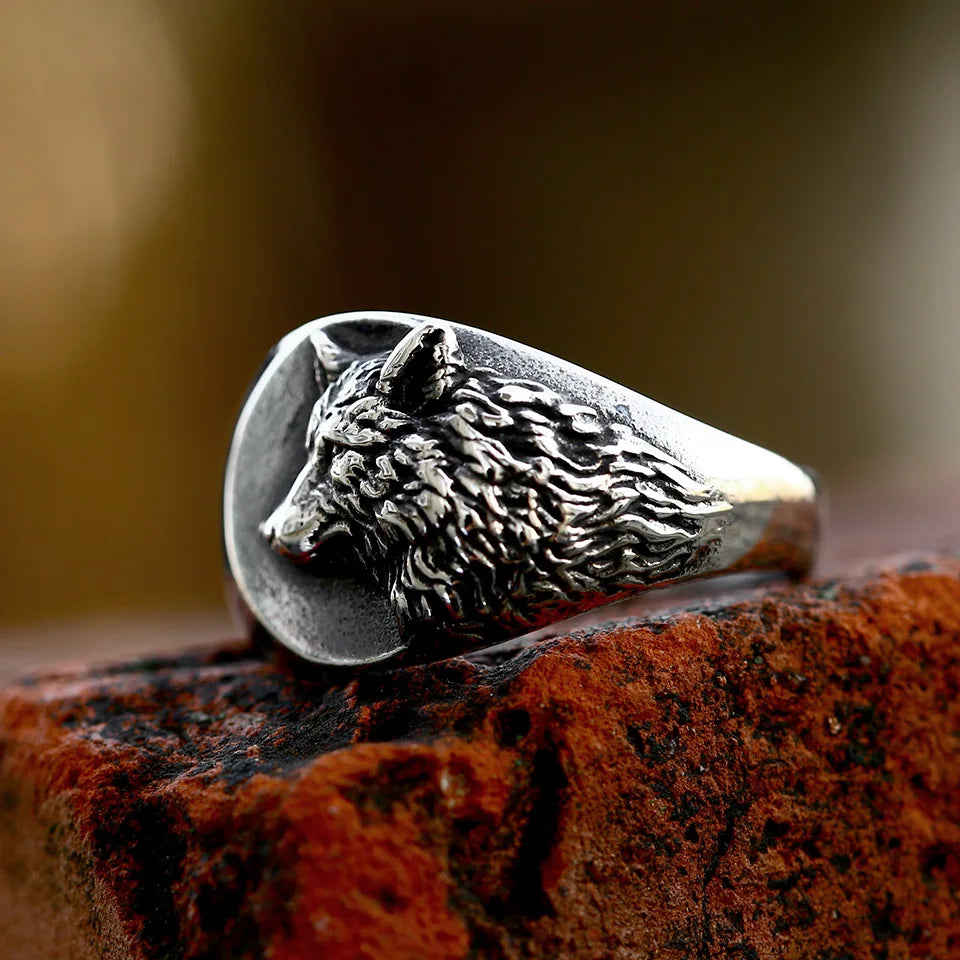 Viking Wolf Ring with Raised Wolf Head | Stainless Steel | Sizes 7-13