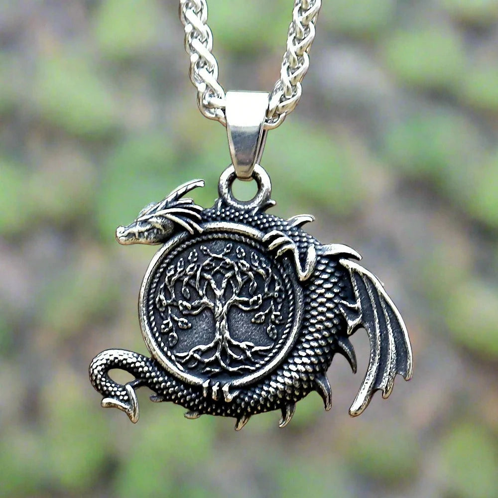 Viking Dragon Necklace Yggdrasil Tree Pendant and Dragon