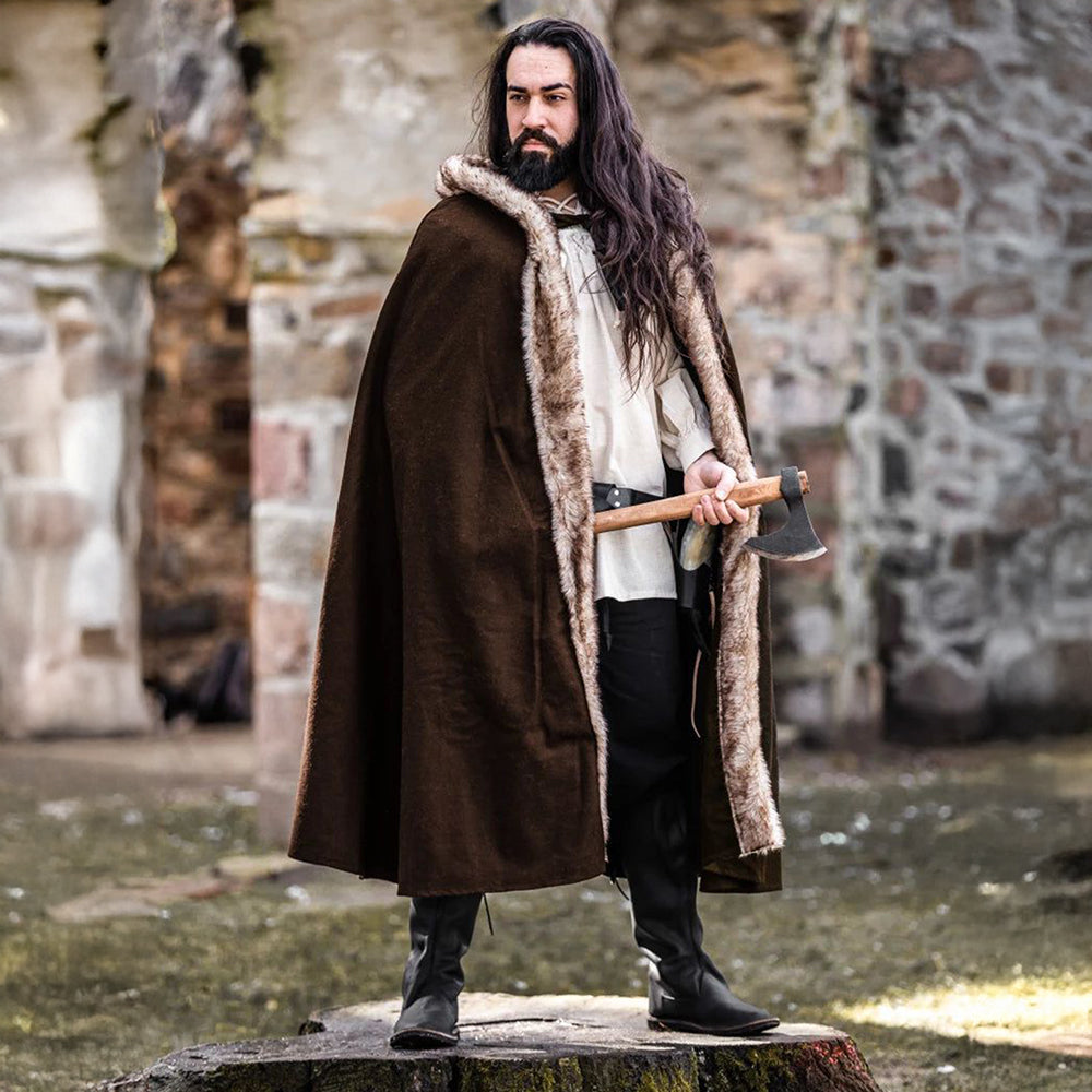 Brown Wool Hooded Viking Cape | Water-Repellent with Faux Fur