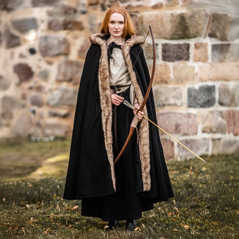 Brown Wool Hooded Viking Cape | Water-Repellent with Faux Fur