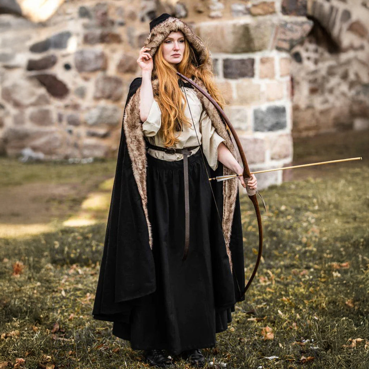 Brown Wool Hooded Viking Cape | Water-Repellent with Faux Fur