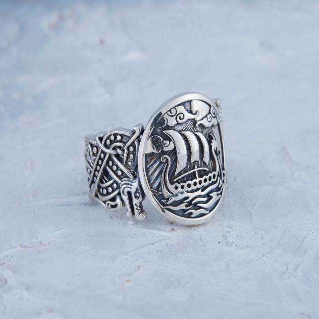 Drakkar Symbol with Wolf Ornament Ring Sterling Silver Unique Jewelry-4