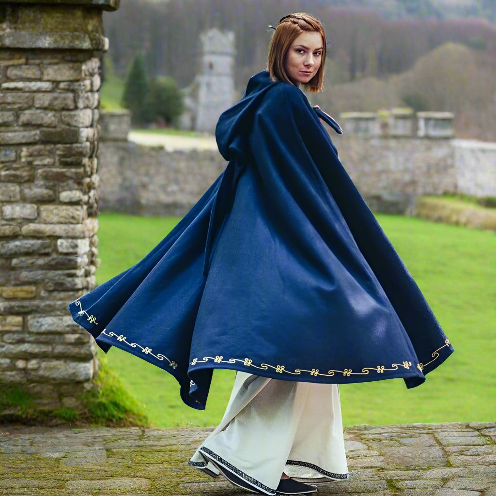 Blue Hooded Viking Cloak | Hand-Embroidered Wool Blend