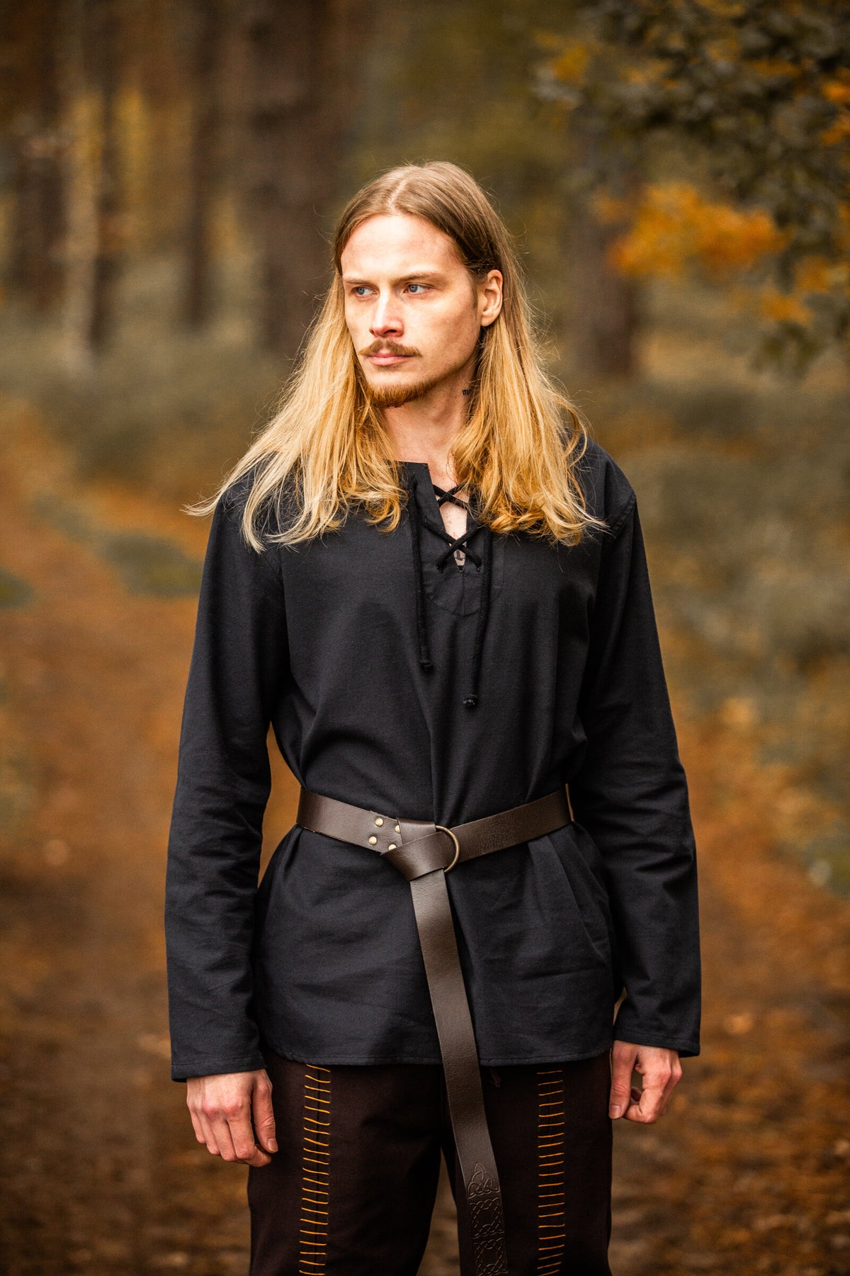 Black Cotton Viking Tunic | Long Sleeves, Lace-Up Collar