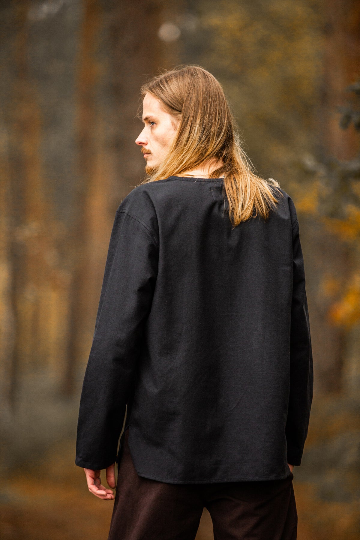 Black Cotton Viking Tunic | Long Sleeves, Lace-Up Collar