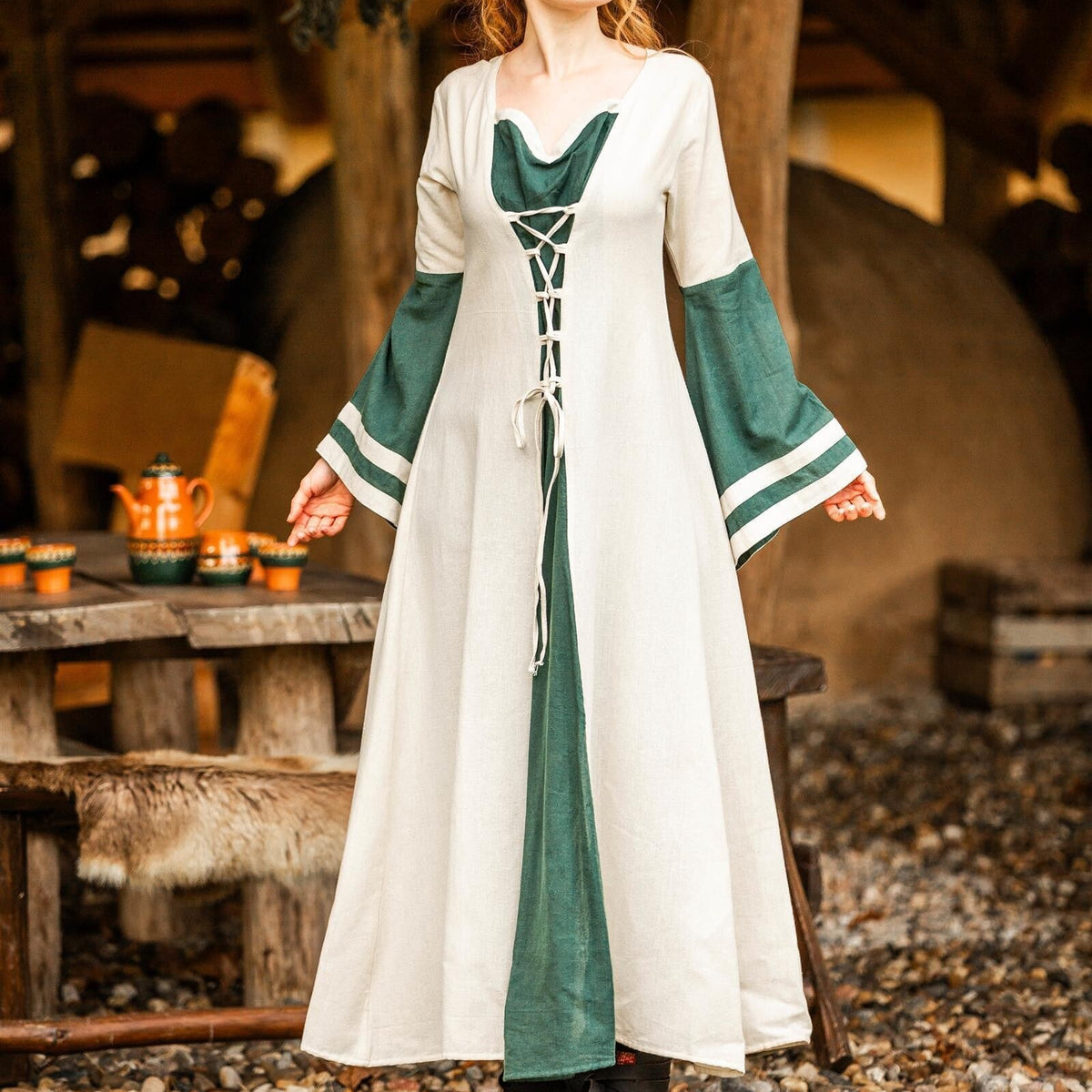 Viking Dress - Long Sleeves in Natural and Green with Lacing