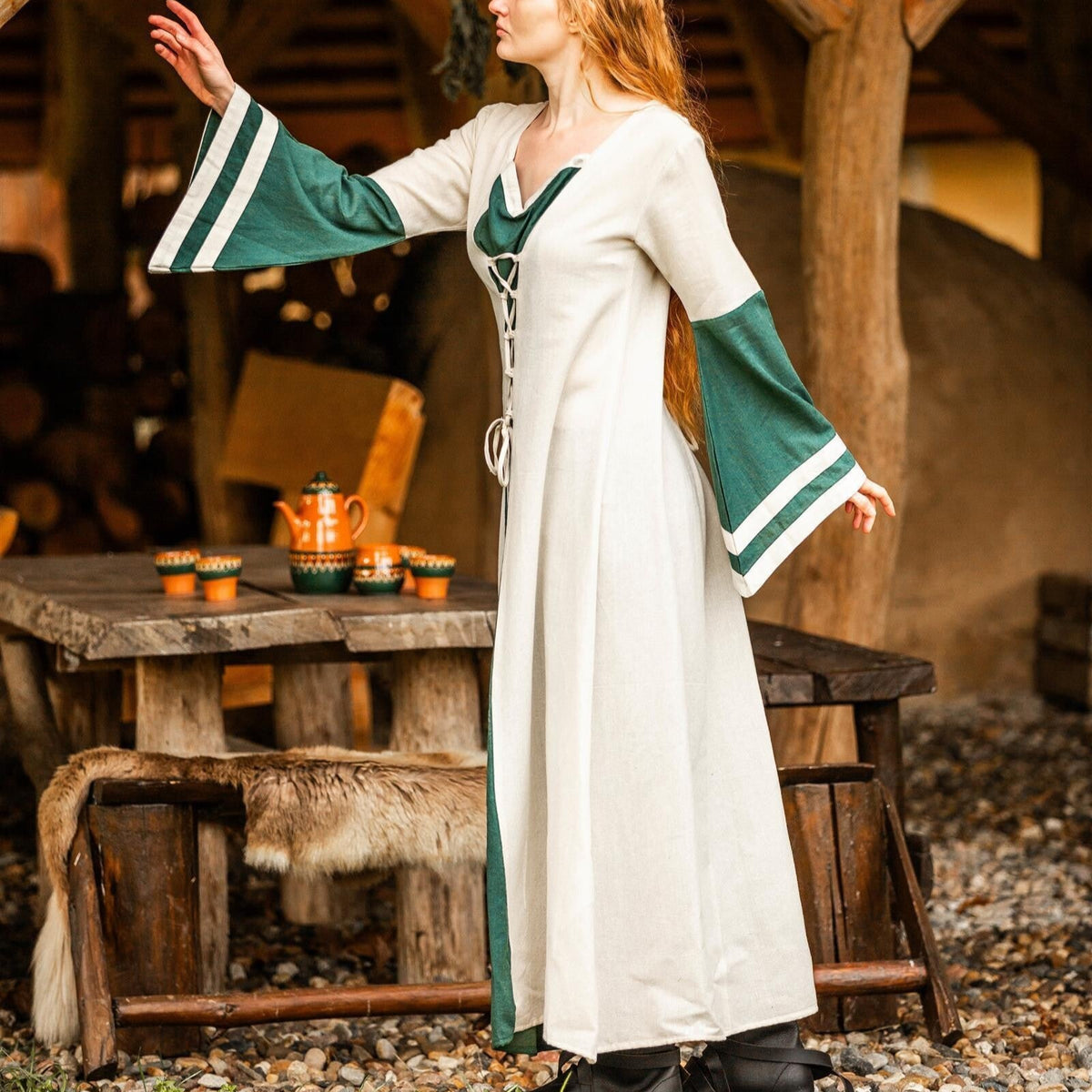 Viking Dress - Long Sleeves in Natural and Green with Lacing