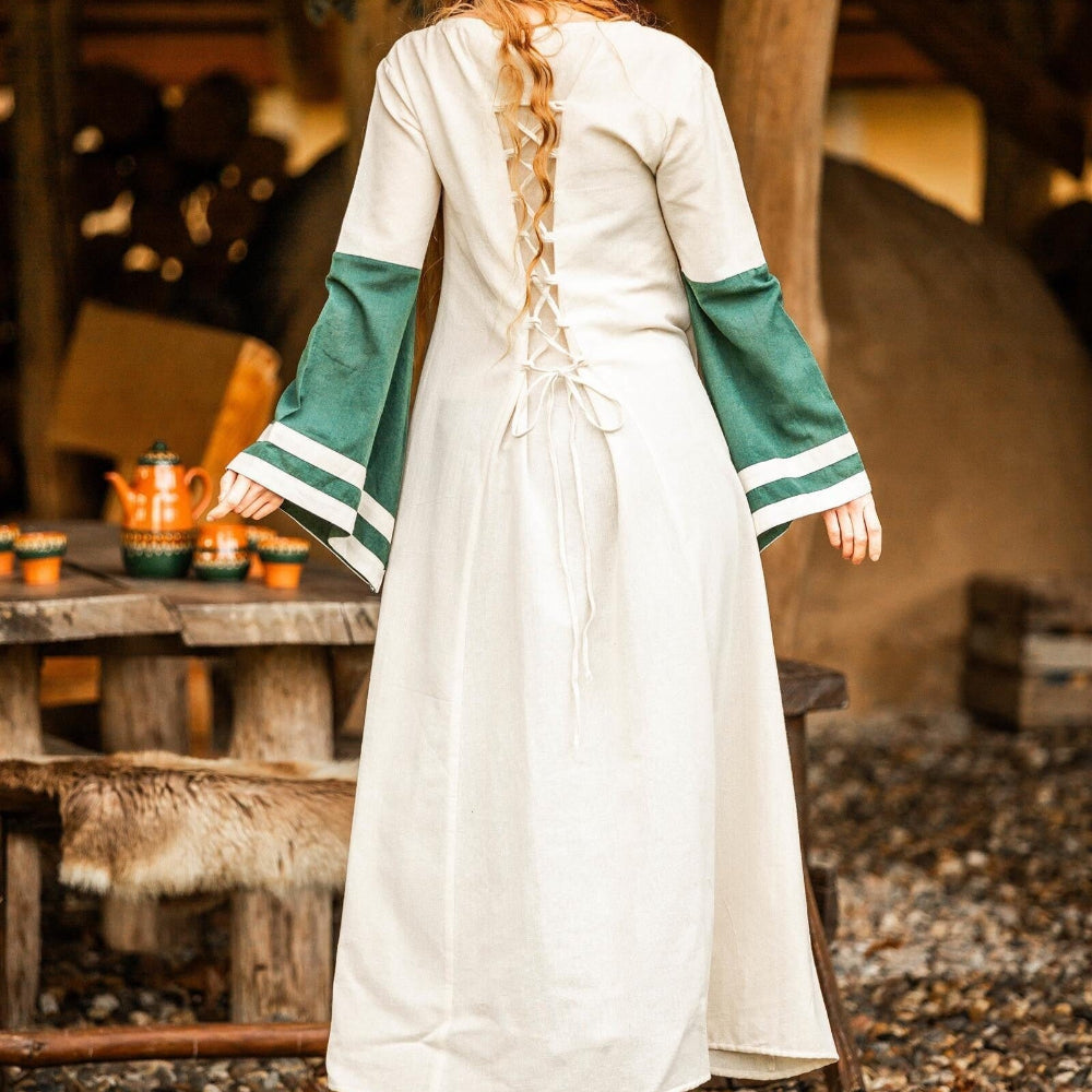 Viking Dress - Long Sleeves in Natural and Green with Lacing