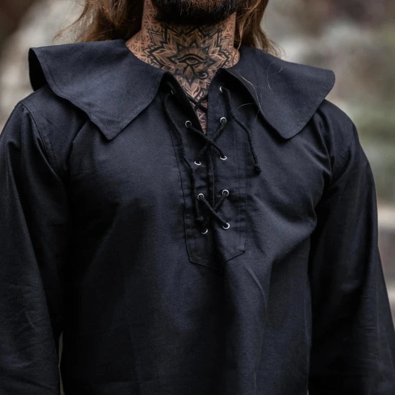 Black Viking Shirt | Wide Round Collar with Lacing