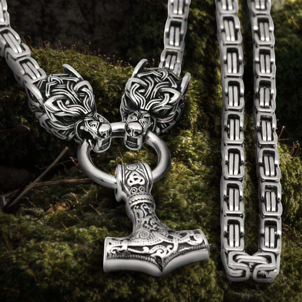Stainless Steel Dual Color Wolf Head Mjolnir Kings Chain 50cm