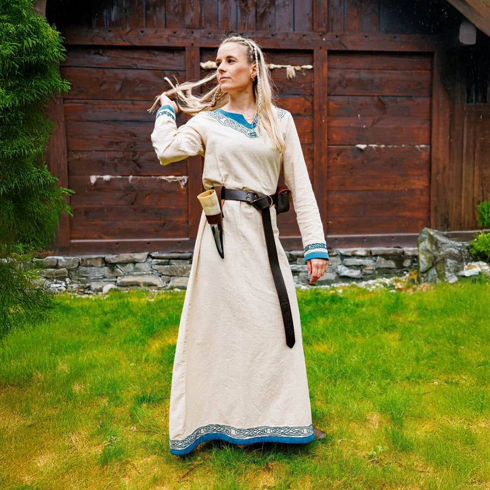 Viking Dress in Natural Cotton with Blue Trim Elegance Meets Warrior