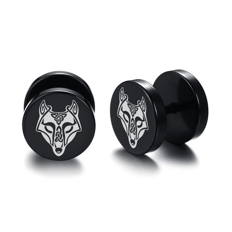 Viking Earrings with Norse Fenrir Wolf Symbol - Black Studs-2