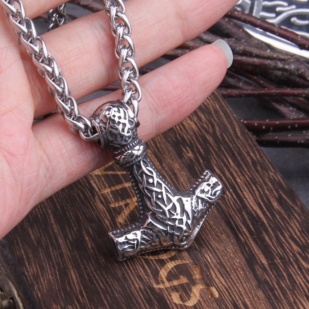 Viking Geri and Freki Wolf Head Thor’s Hammer Mjolnir Necklace