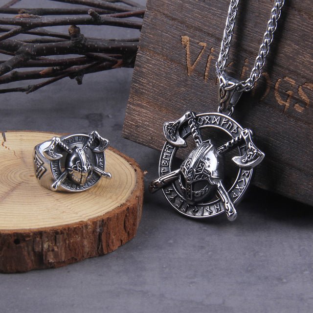 Viking Necklace And Ring Set - Helmet with Cross Axes-3