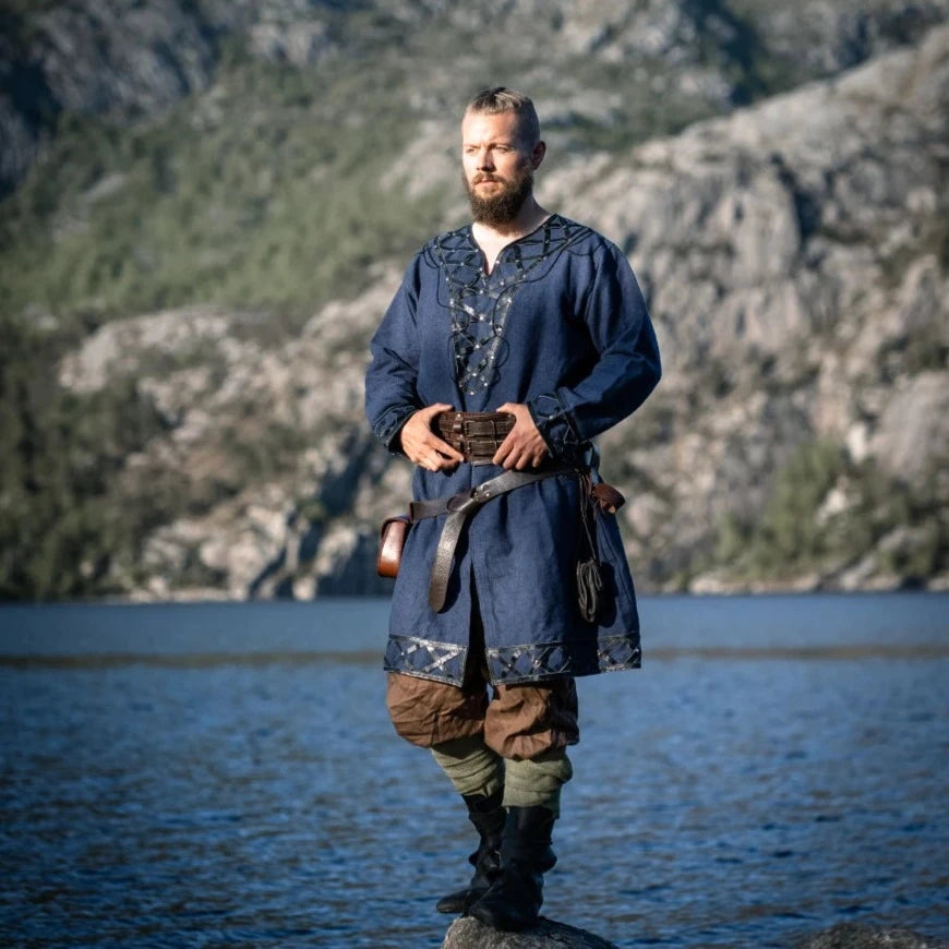 LIMITED EDITION Viking Tunic - Blue with Leather Trim &amp; Rivets