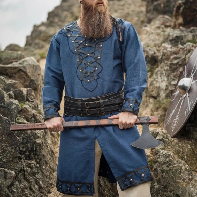 LIMITED EDITION Viking Tunic - Blue with Leather Trim &amp; Rivets