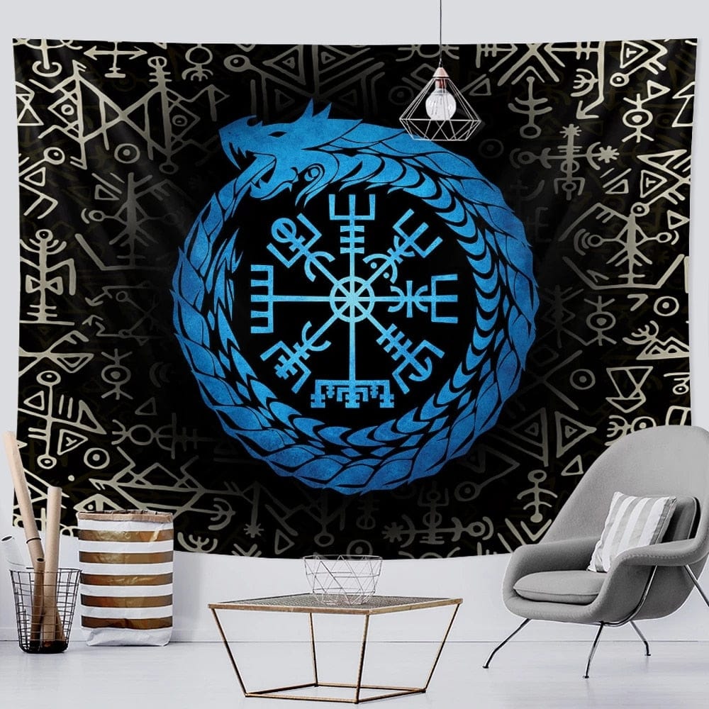 Jormungandr Vegvisir VIking Compass Wayfinder Fabric Tapestry Viking D